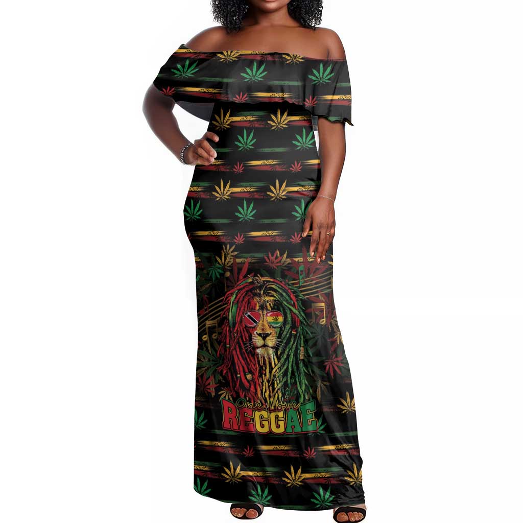 Personalized Trinidad and Tobago One Love Reggae Lion Off Shoulder Maxi Dress Caribbean Reggae Spirit