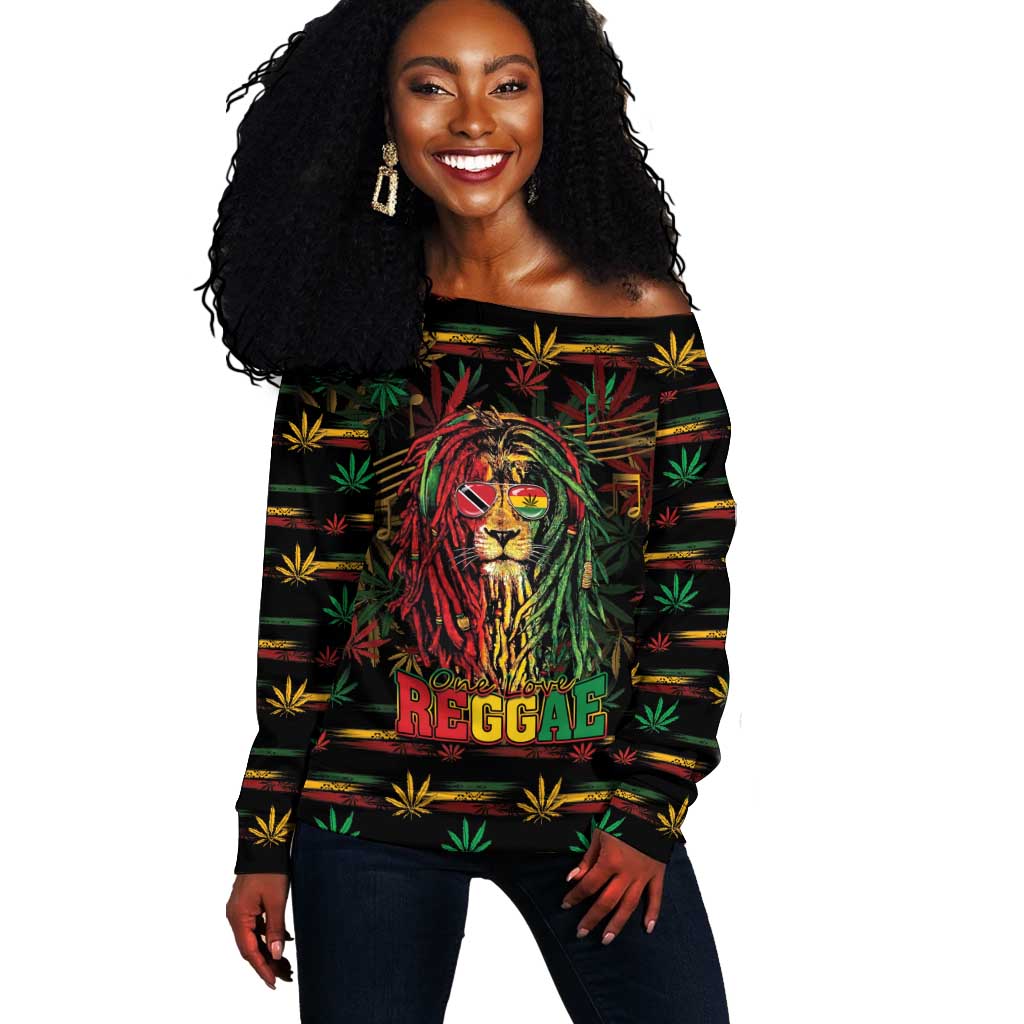 Personalized Trinidad and Tobago One Love Reggae Lion Off Shoulder Sweater Caribbean Reggae Spirit