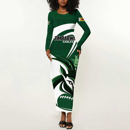 Custom Rugby Zimbabwe Long Sleeve Bodycon Dress Sables Is The Champion - African Pride