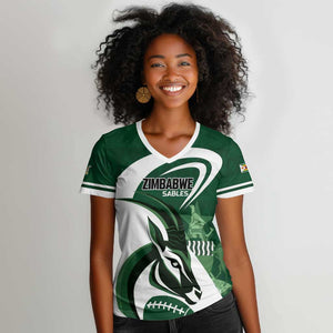 Custom Rugby Zimbabwe Women V-Neck T-Shirt Sables Is The Champion - African Pride