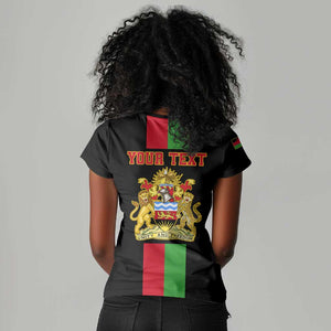 Personalized Malawi Women V-Neck T-Shirt with Coat of Arms Flag Style