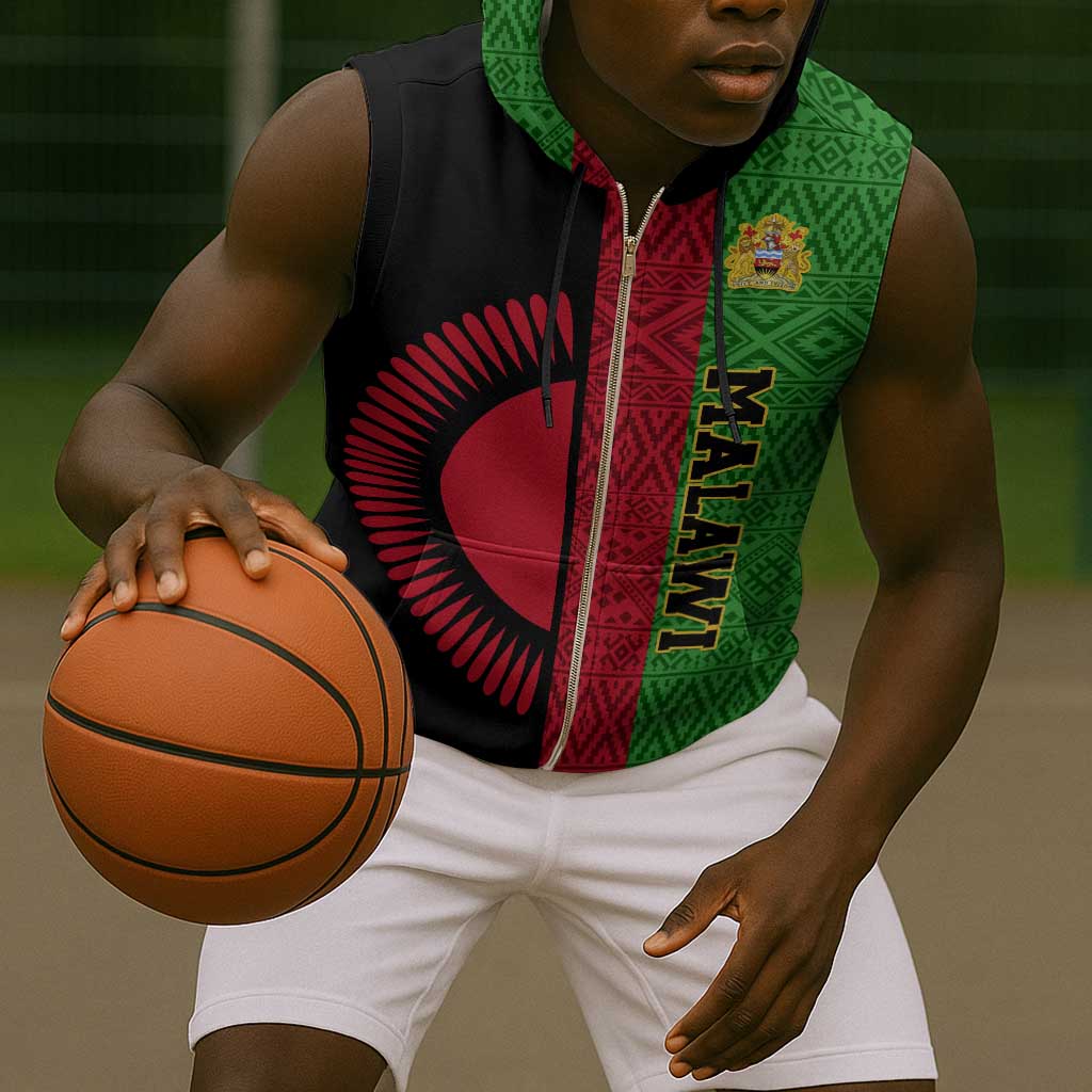 Personalized Malawi Sleeveless Zip Hoodie with Coat of Arms and African Pattern - African Pride