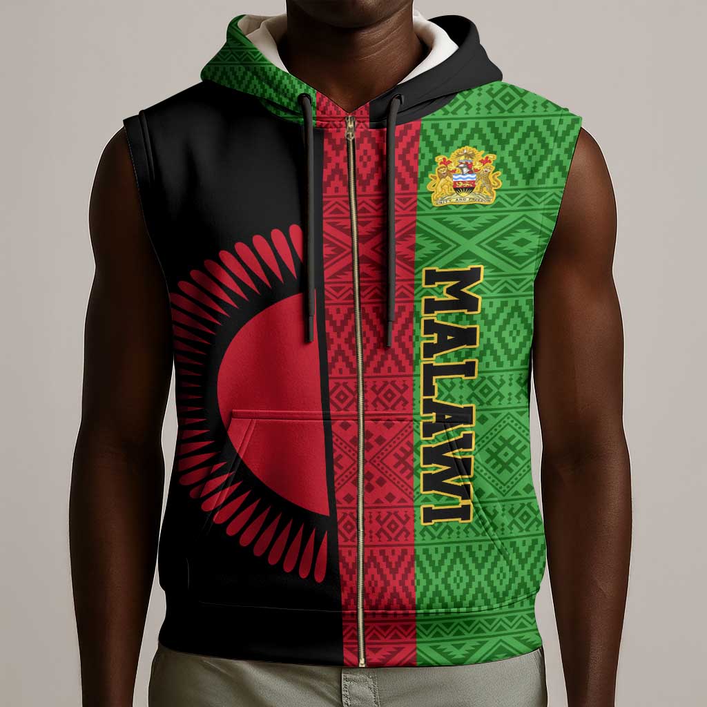 Personalized Malawi Sleeveless Zip Hoodie with Coat of Arms and African Pattern - African Pride