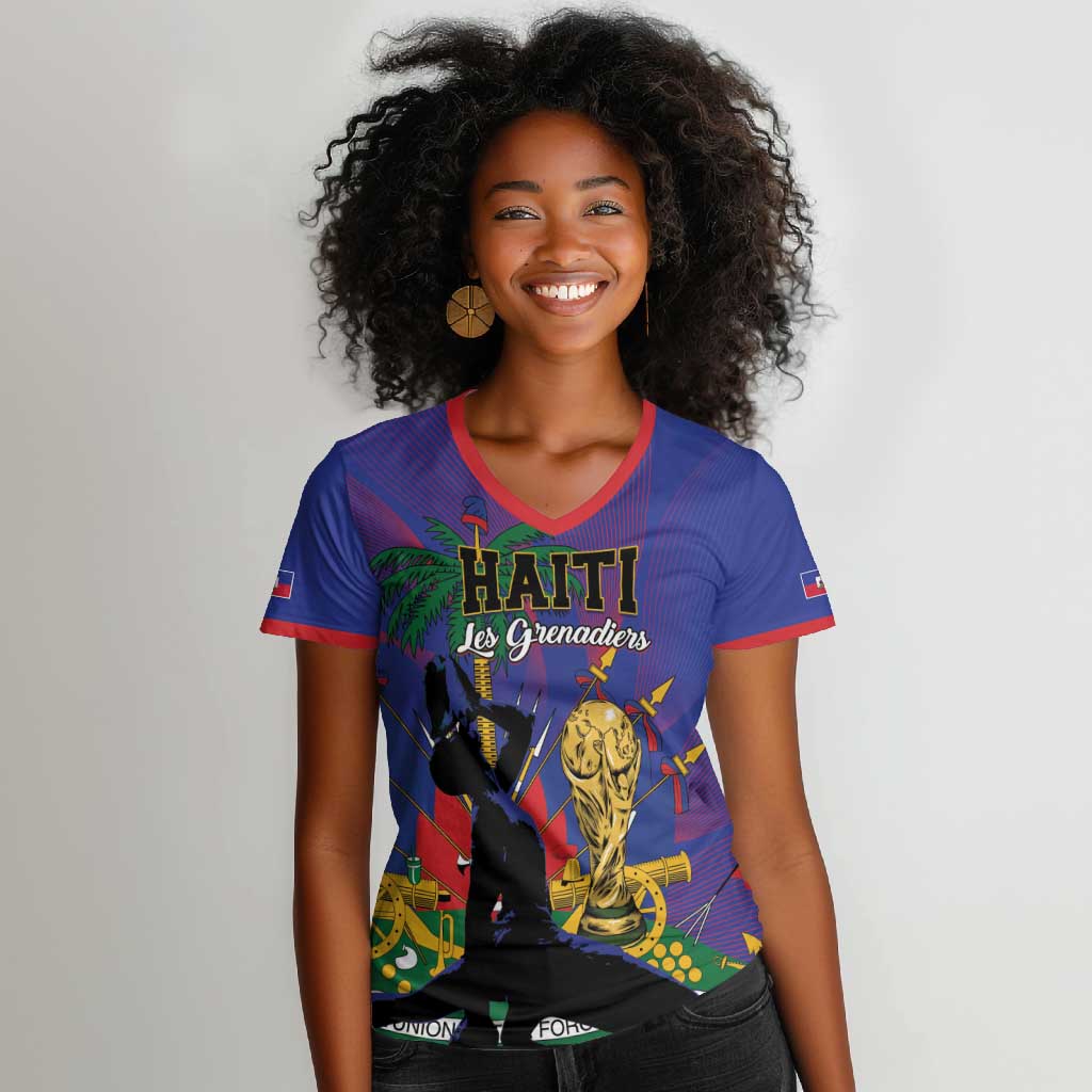 Custom Haiti World Football 2026 Women V-Neck T-Shirt Go Les Grenadiers - African Pride