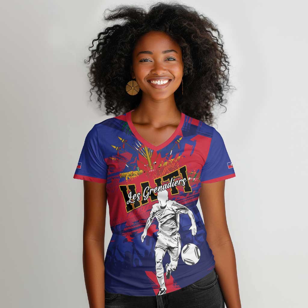 Custom Ekip Foutbol Ayiti 2026 Women V-Neck T-Shirt Haiti Grenadye Alaso - African Pride