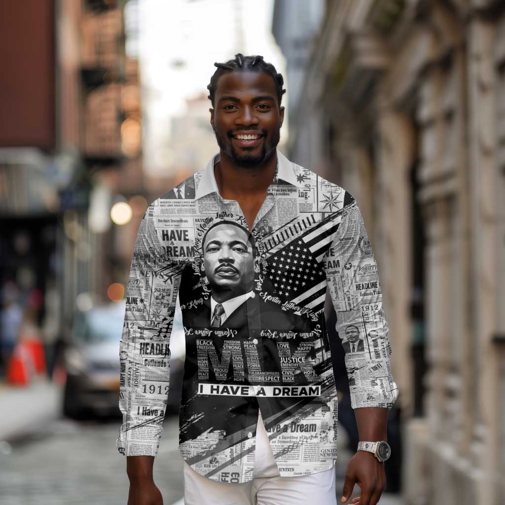 I Have A Dream MLK Long Sleeve Button Shirt Newspaper Grunge Style - African Pride