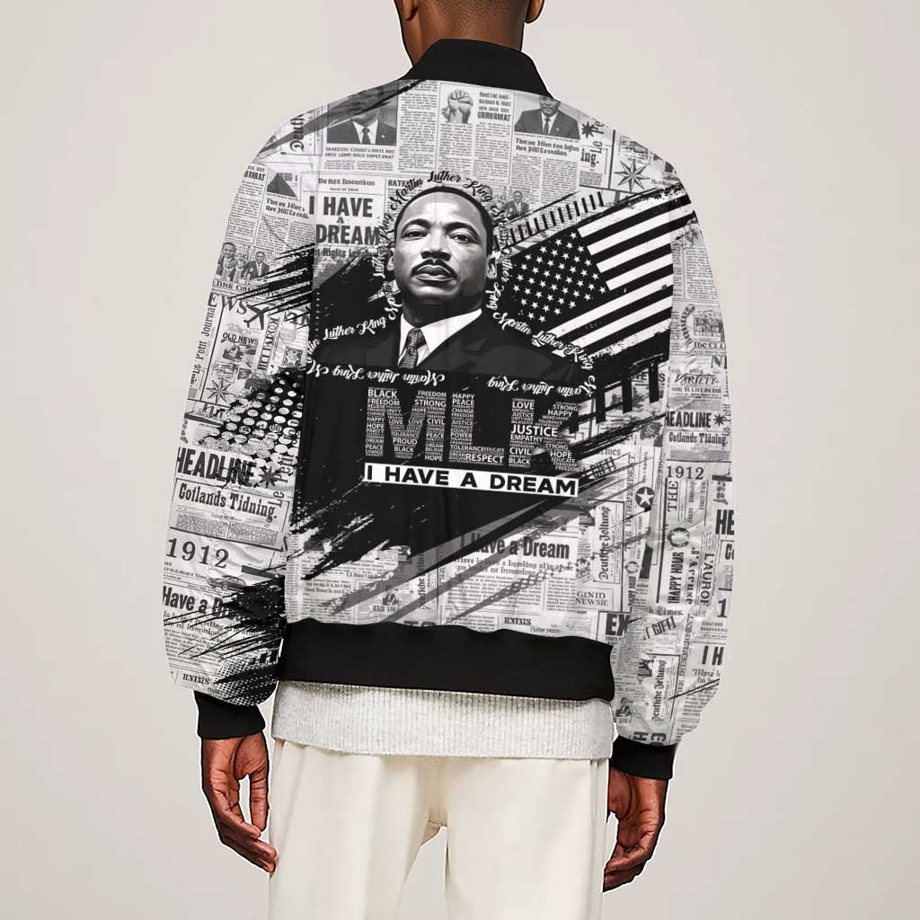 I Have A Dream MLK Sleeve Zip Bomber Jacket Newspaper Grunge Style - African Pride