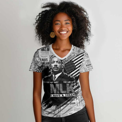 I Have A Dream MLK Women V-Neck T-Shirt Newspaper Grunge Style - African Pride