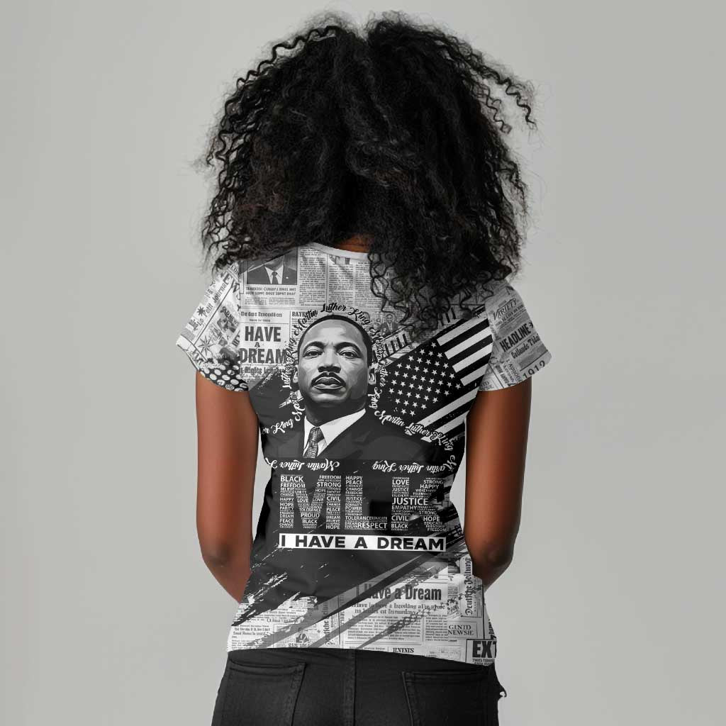 I Have A Dream MLK Women V-Neck T-Shirt Newspaper Grunge Style - African Pride
