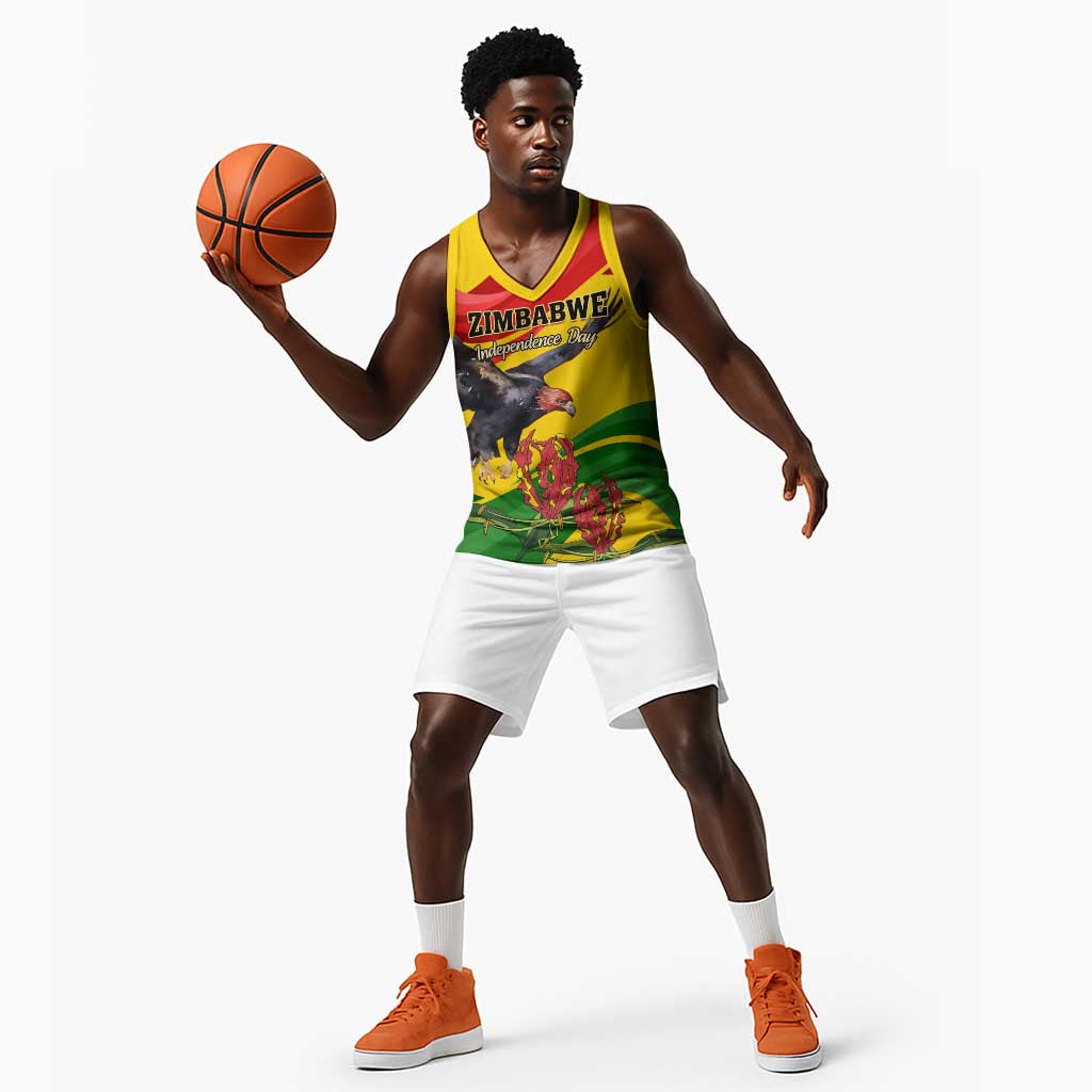 Zimbabwe Independence Day Basketball Jersey Featuring Chapungu Bird and Flame Lily - African Pride