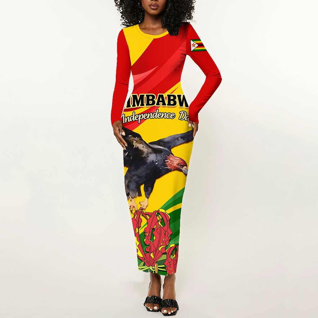 Zimbabwe Independence Day Long Sleeve Bodycon Dress Featuring Chapungu Bird and Flame Lily LT01