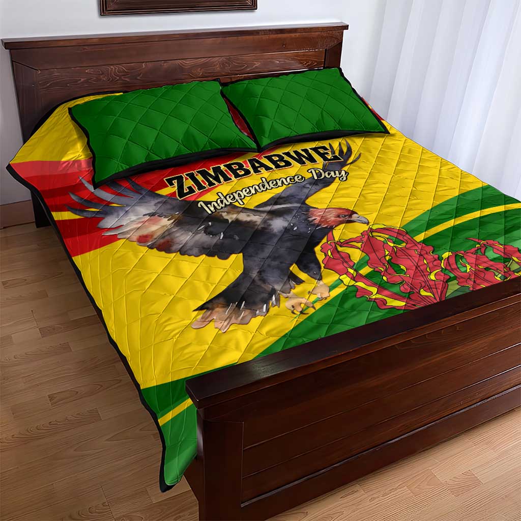 Zimbabwe Independence Day Quilt Bed Set Featuring Chapungu Bird and Flame Lily