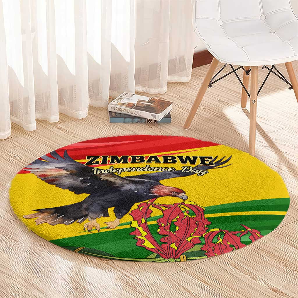 Zimbabwe Independence Day Round Carpet Featuring Chapungu Bird and Flame Lily