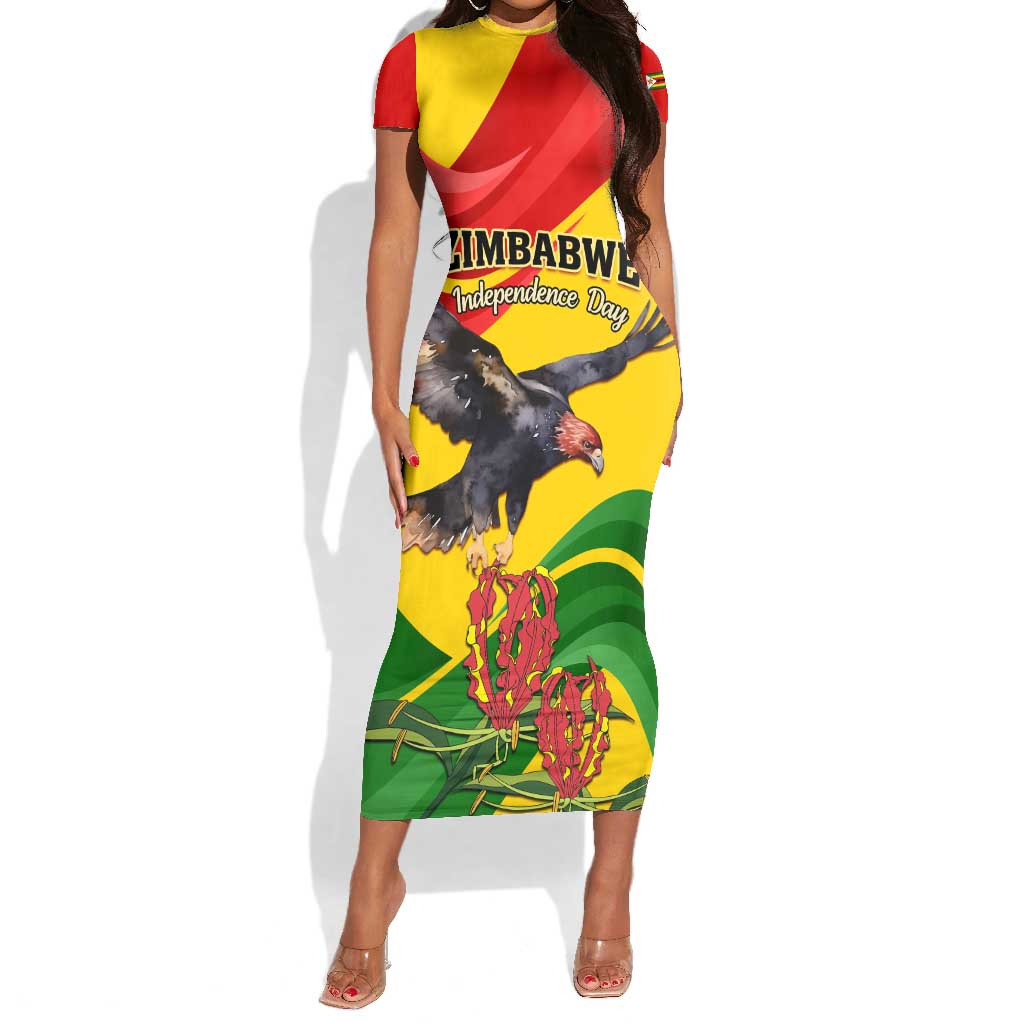 Zimbabwe Independence Day Short Sleeve Bodycon Dress Featuring Chapungu Bird and Flame Lily LT01
