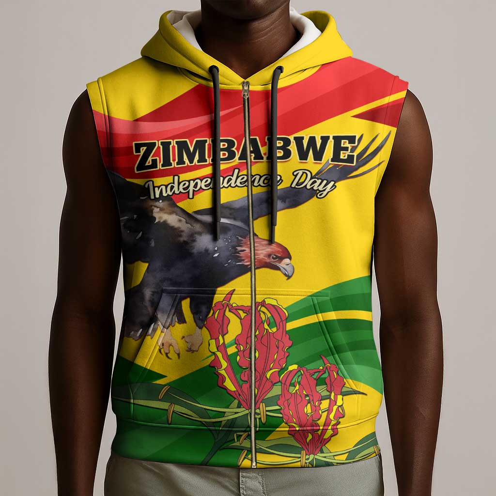 Zimbabwe Independence Day Sleeveless Zip Hoodie Featuring Chapungu Bird and Flame Lily - African Pride