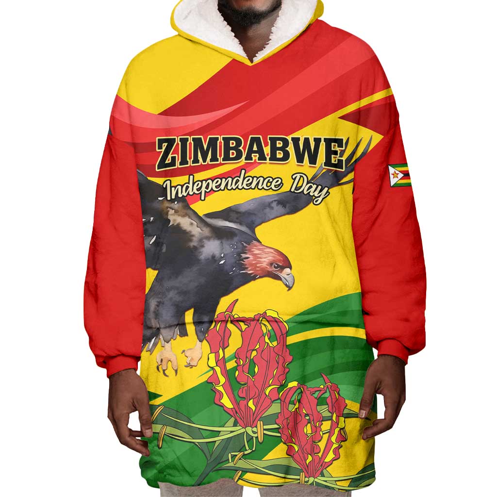 Zimbabwe Independence Day Wearable Blanket Hoodie Featuring Chapungu Bird and Flame Lily
