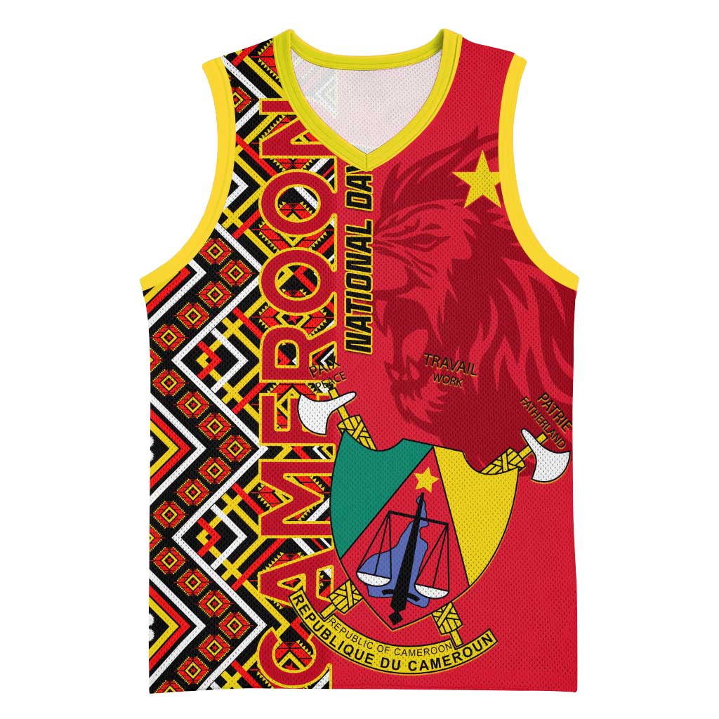 Cameroon National Day Basketball Jersey Cameroun Coat Of Arms Ankara Pattern - African Pride