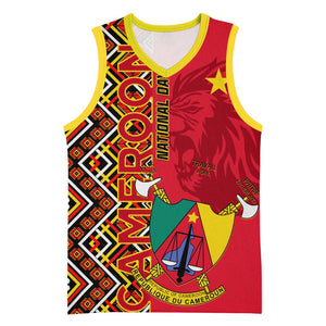 Cameroon National Day Basketball Jersey Cameroun Coat Of Arms Ankara Pattern - African Pride
