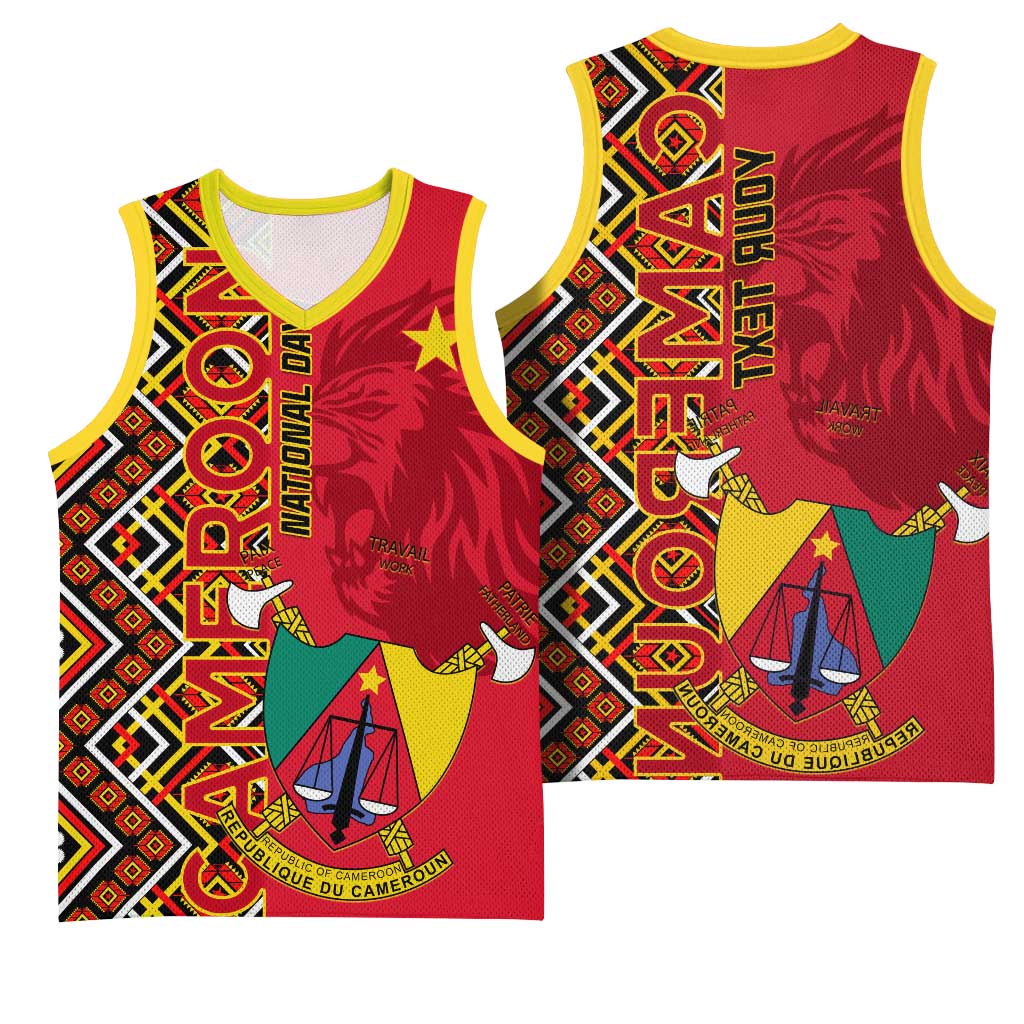 Cameroon National Day Basketball Jersey Cameroun Coat Of Arms Ankara Pattern - African Pride
