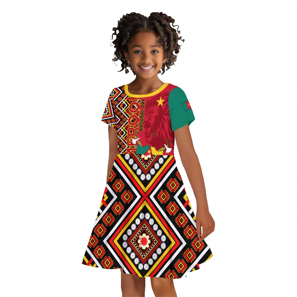 Cameroon National Day Kid Short Sleeve Dress Cameroun Coat Of Arms Ankara Pattern