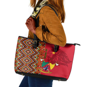 Cameroon National Day Leather Tote Bag Cameroun Coat Of Arms Ankara Pattern