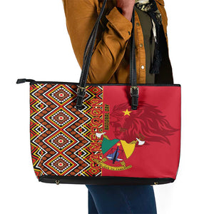 Cameroon National Day Leather Tote Bag Cameroun Coat Of Arms Ankara Pattern