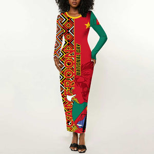 Cameroon National Day Long Sleeve Bodycon Dress Cameroun Coat Of Arms Ankara Pattern LT01