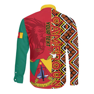 Cameroon National Day Long Sleeve Button Shirt Cameroun Coat Of Arms Ankara Pattern