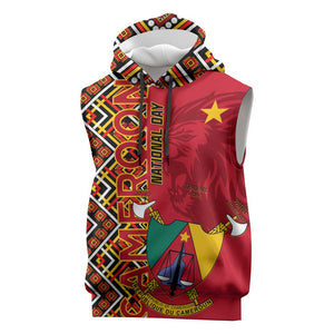 Cameroon National Day Sleeveless Hoodie Cameroun Coat Of Arms Ankara Pattern - African Pride