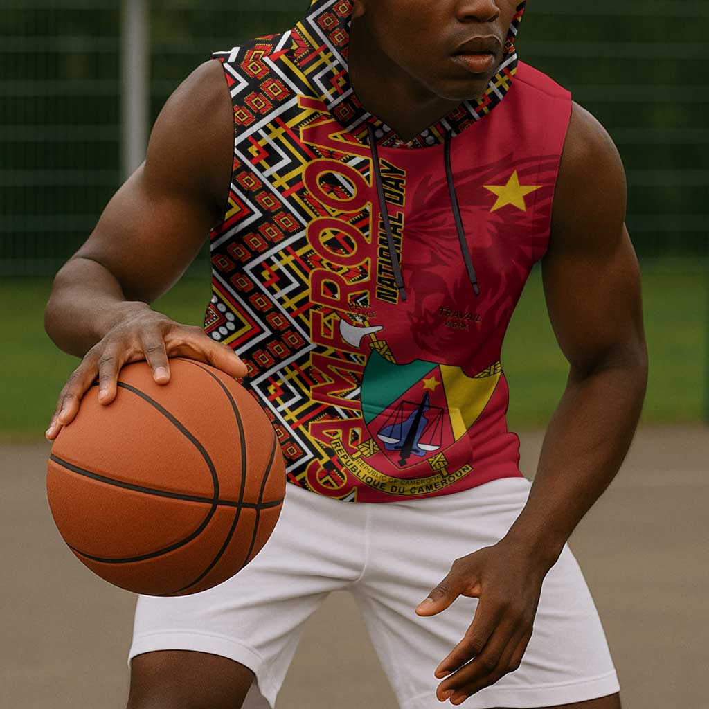 Cameroon National Day Sleeveless Hoodie Cameroun Coat Of Arms Ankara Pattern - African Pride
