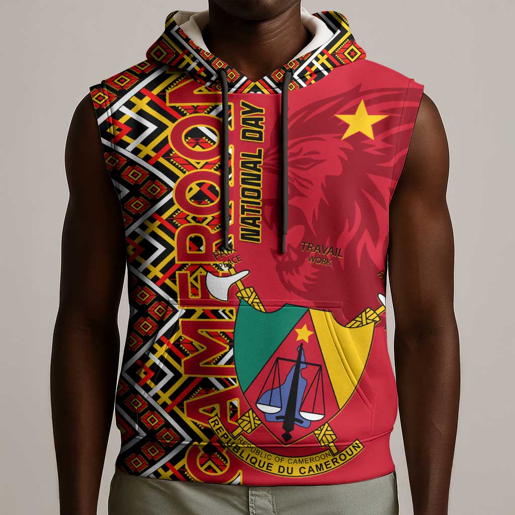 Cameroon National Day Sleeveless Hoodie Cameroun Coat Of Arms Ankara Pattern - African Pride