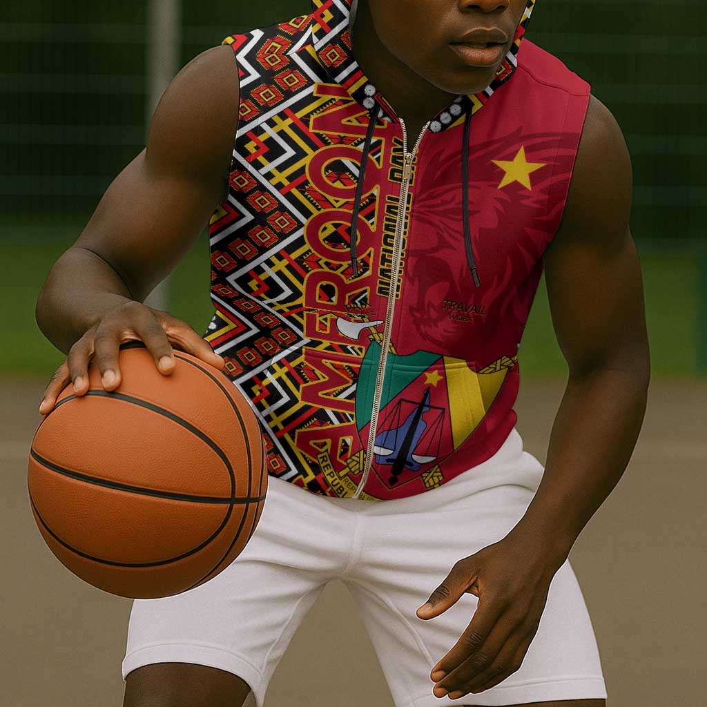 Cameroon National Day Sleeveless Zip Hoodie Cameroun Coat Of Arms Ankara Pattern - African Pride