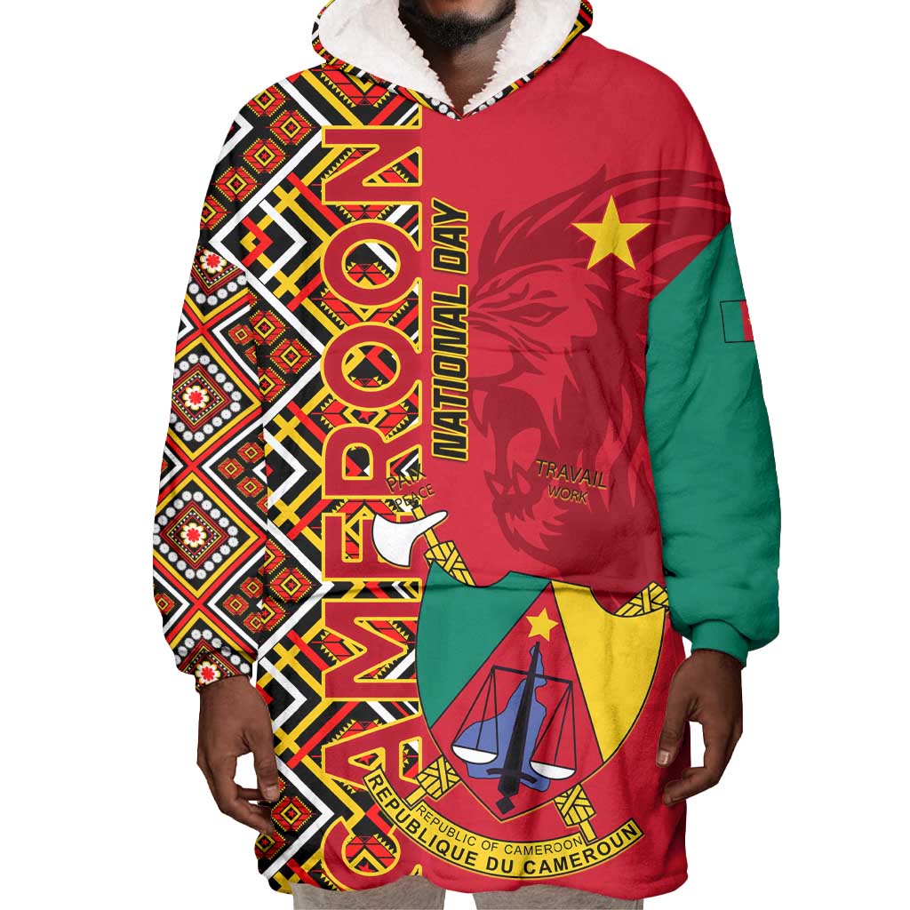 Cameroon National Day Wearable Blanket Hoodie Cameroun Coat Of Arms Ankara Pattern