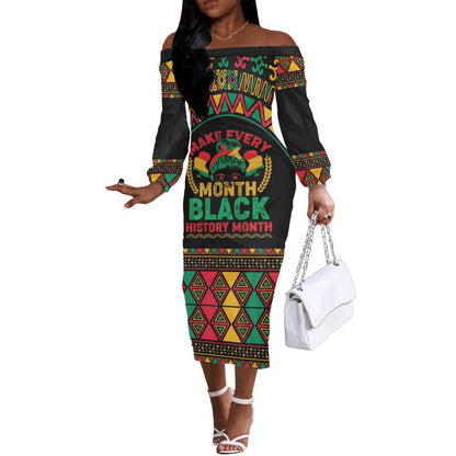 Make Every Month Black History Month Off The Shoulder Long Sleeve Dress African Pattern