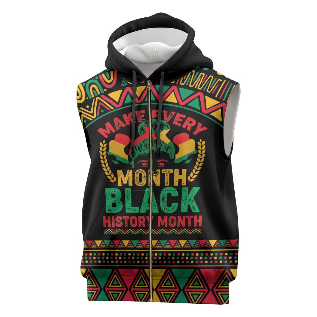 Make Every Month Black History Month Sleeveless Zip Hoodie African Pattern - African Pride