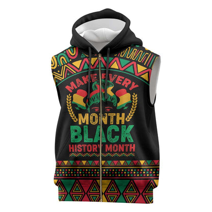 Make Every Month Black History Month Sleeveless Zip Hoodie African Pattern - African Pride