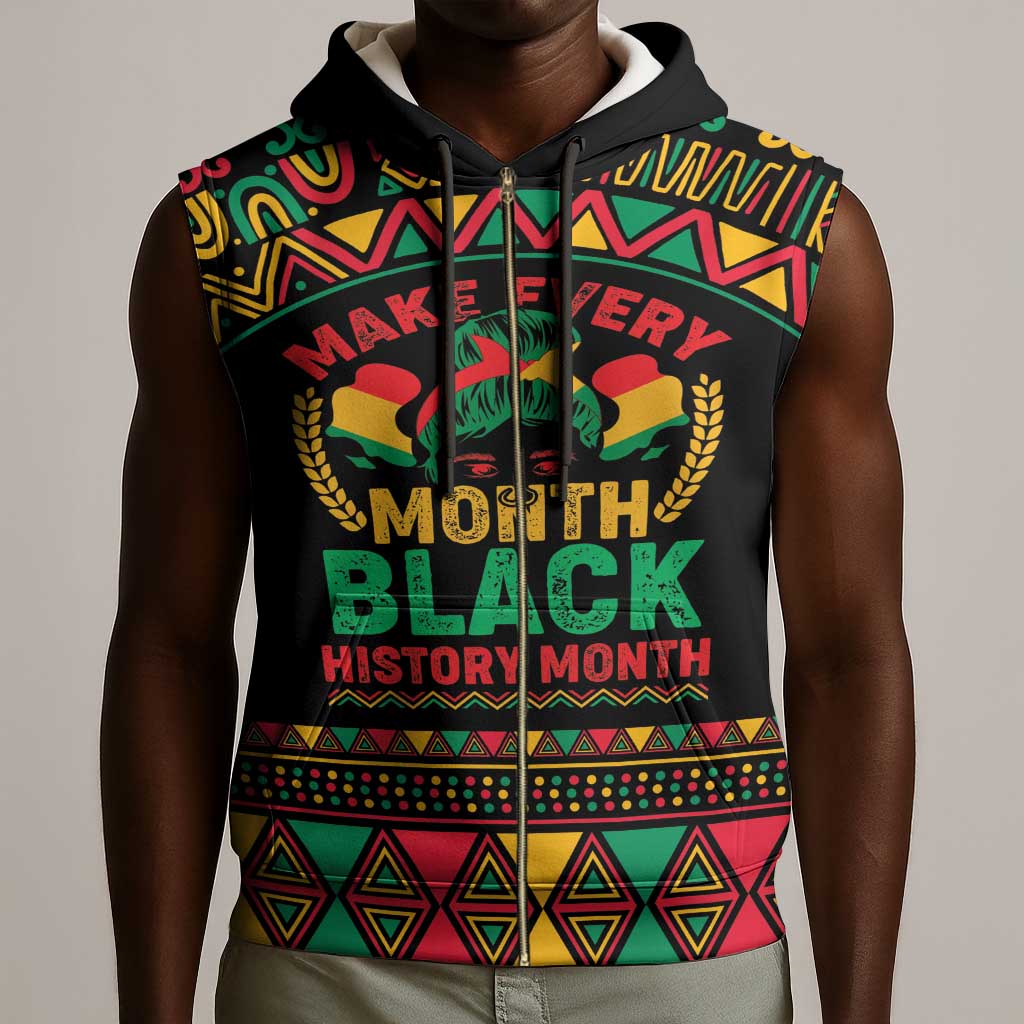 Make Every Month Black History Month Sleeveless Zip Hoodie African Pattern - African Pride