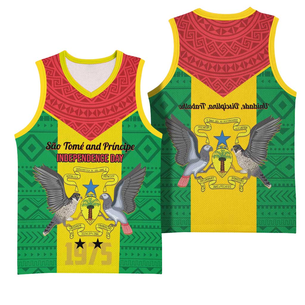 Sao Tome and Principe Independence Day Basketball Jersey Coat Of Arms Mix African Pattern - African Pride