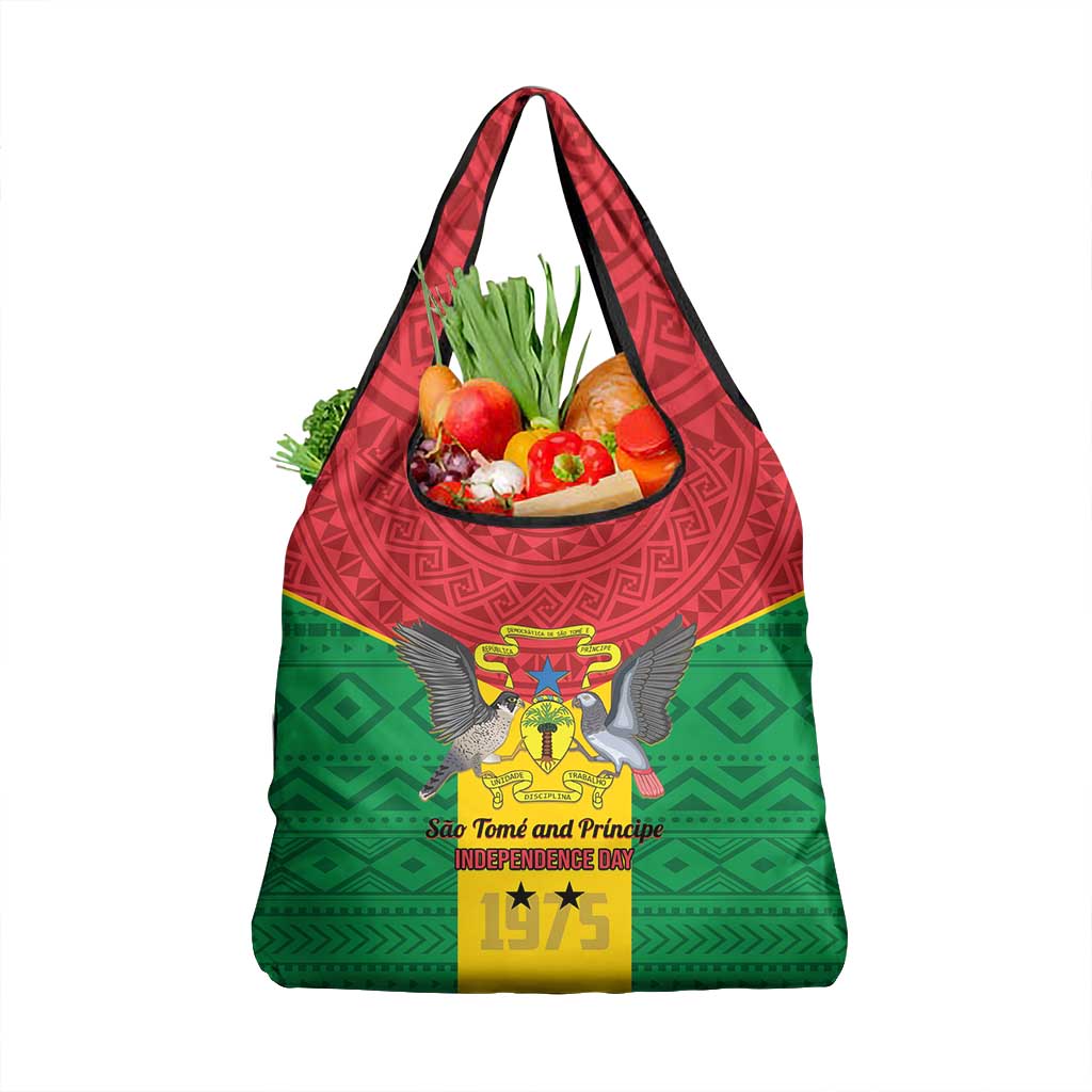 Sao Tome and Principe Independence Day Grocery Bag Coat Of Arms Mix African Pattern