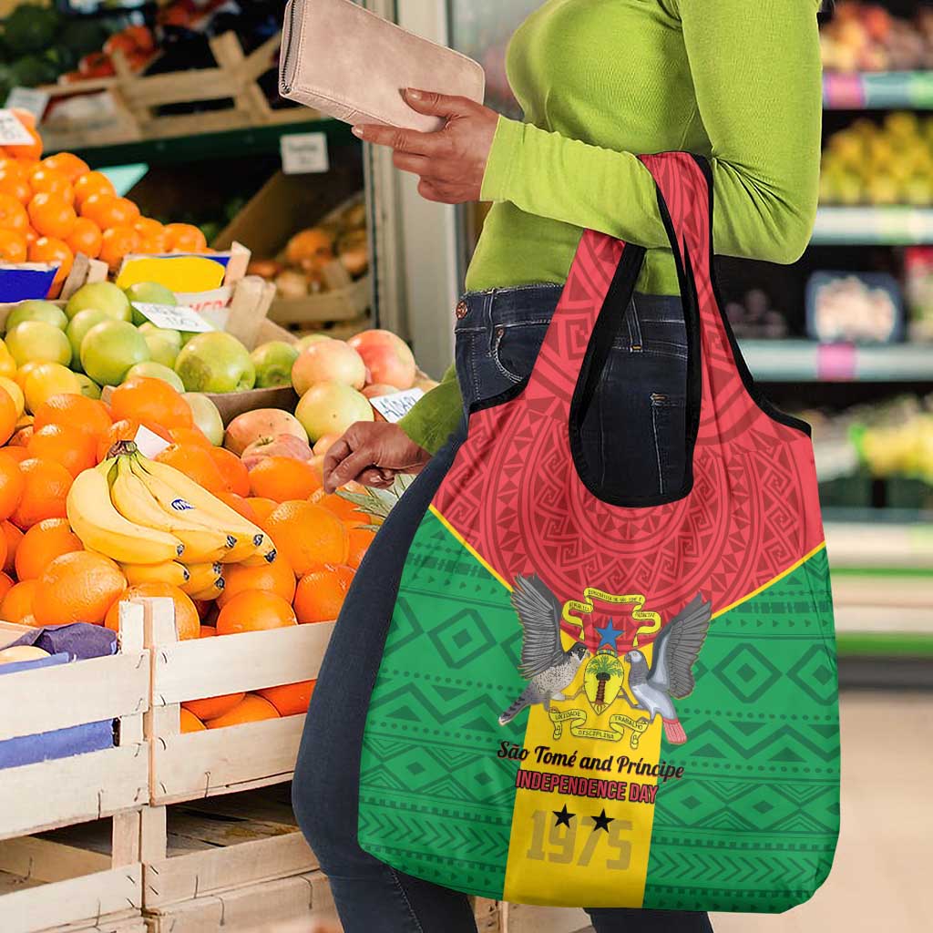 Sao Tome and Principe Independence Day Grocery Bag Coat Of Arms Mix African Pattern