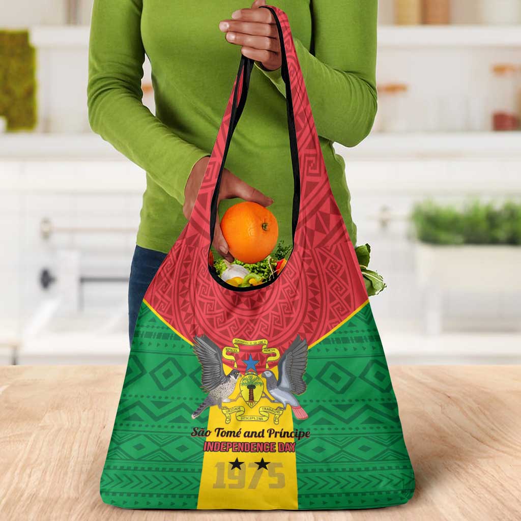 Sao Tome and Principe Independence Day Grocery Bag Coat Of Arms Mix African Pattern