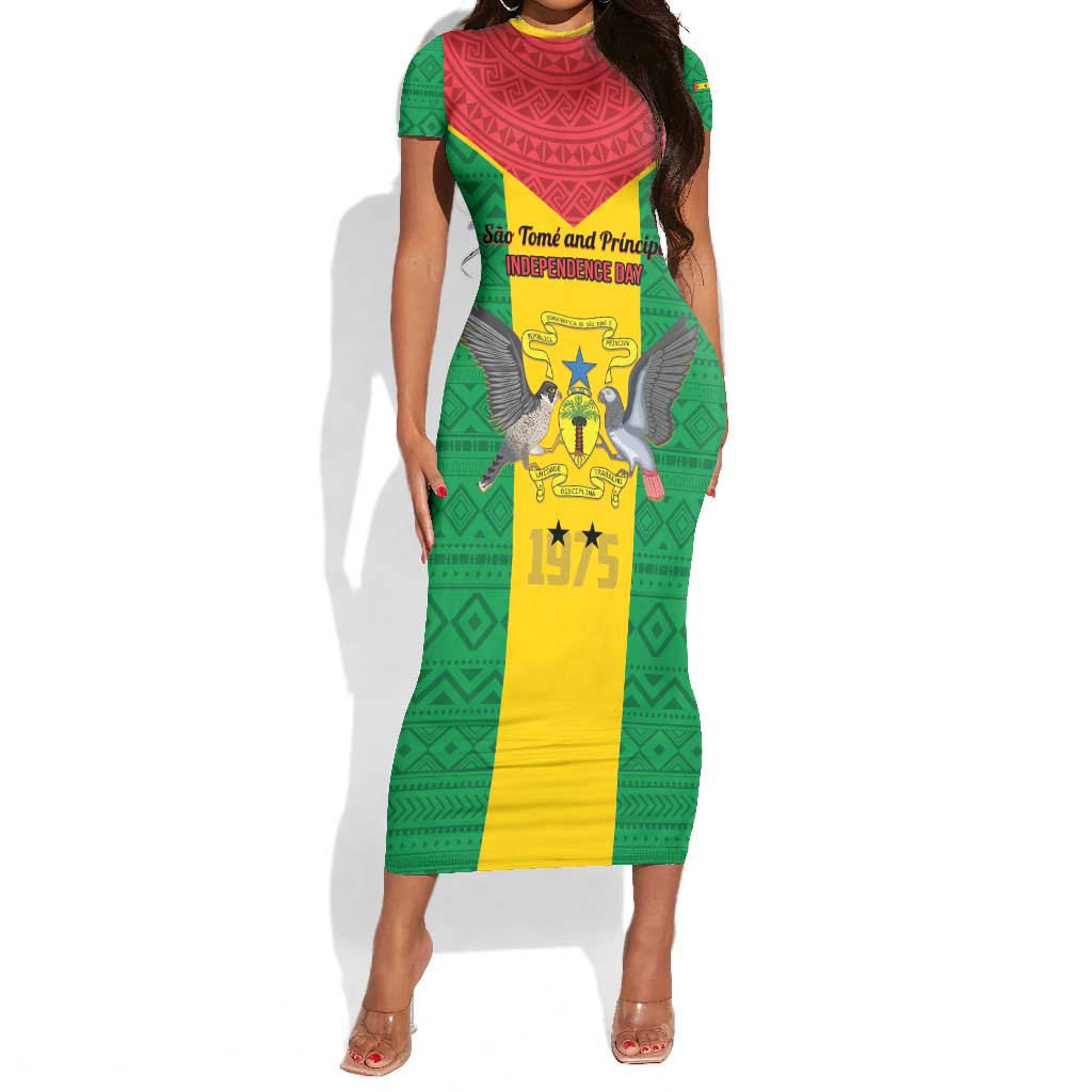 Sao Tome and Principe Independence Day Short Sleeve Bodycon Dress Coat Of Arms Mix African Pattern LT01