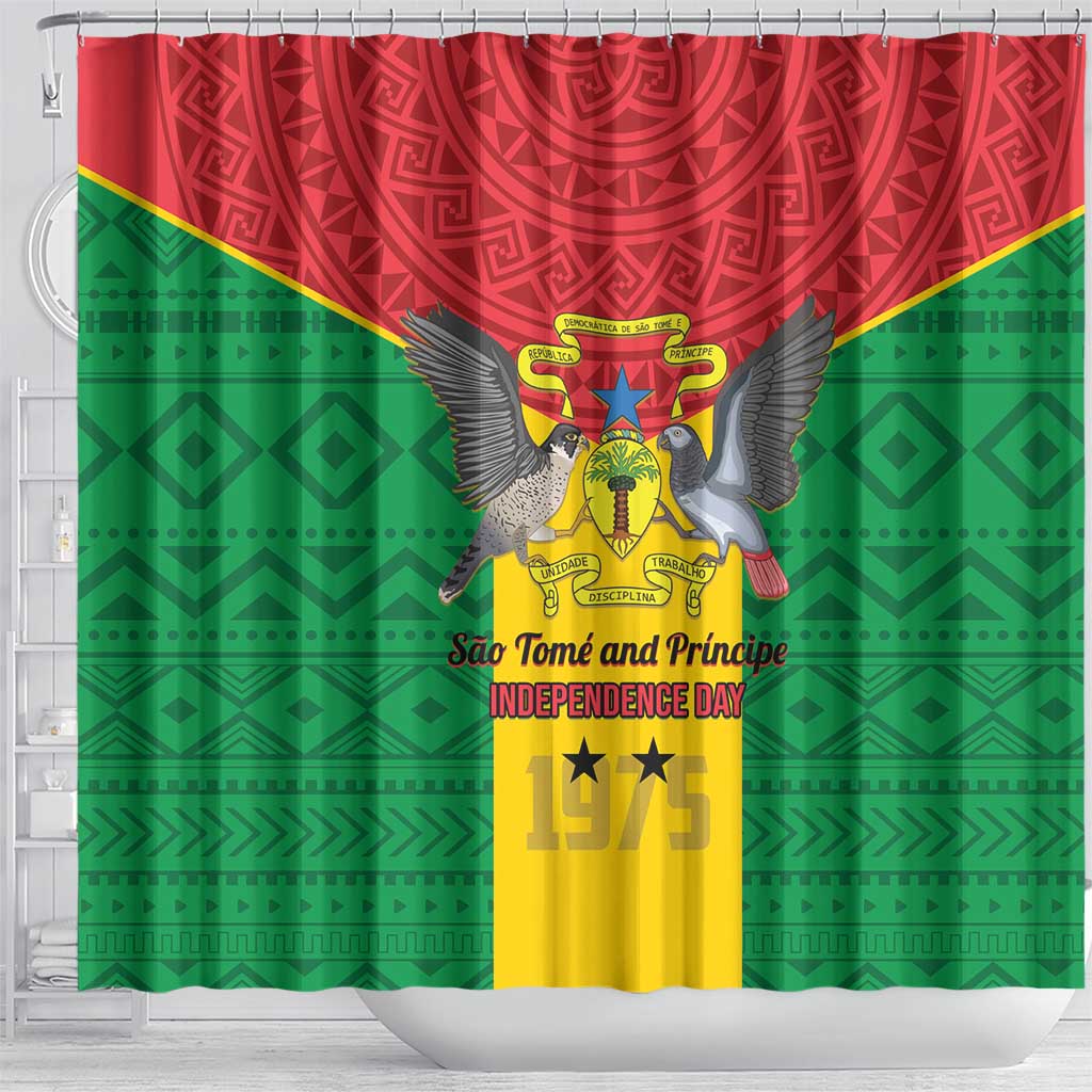 Sao Tome and Principe Independence Day Shower Curtain Coat Of Arms Mix African Pattern