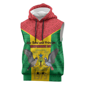 Sao Tome and Principe Independence Day Sleeveless Hoodie Coat Of Arms Mix African Pattern - African Pride