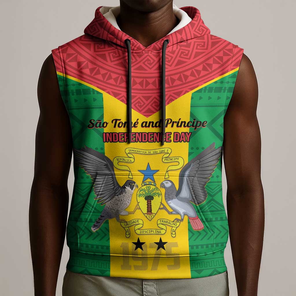Sao Tome and Principe Independence Day Sleeveless Hoodie Coat Of Arms Mix African Pattern - African Pride