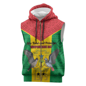 Sao Tome and Principe Independence Day Sleeveless Zip Hoodie Coat Of Arms Mix African Pattern - African Pride