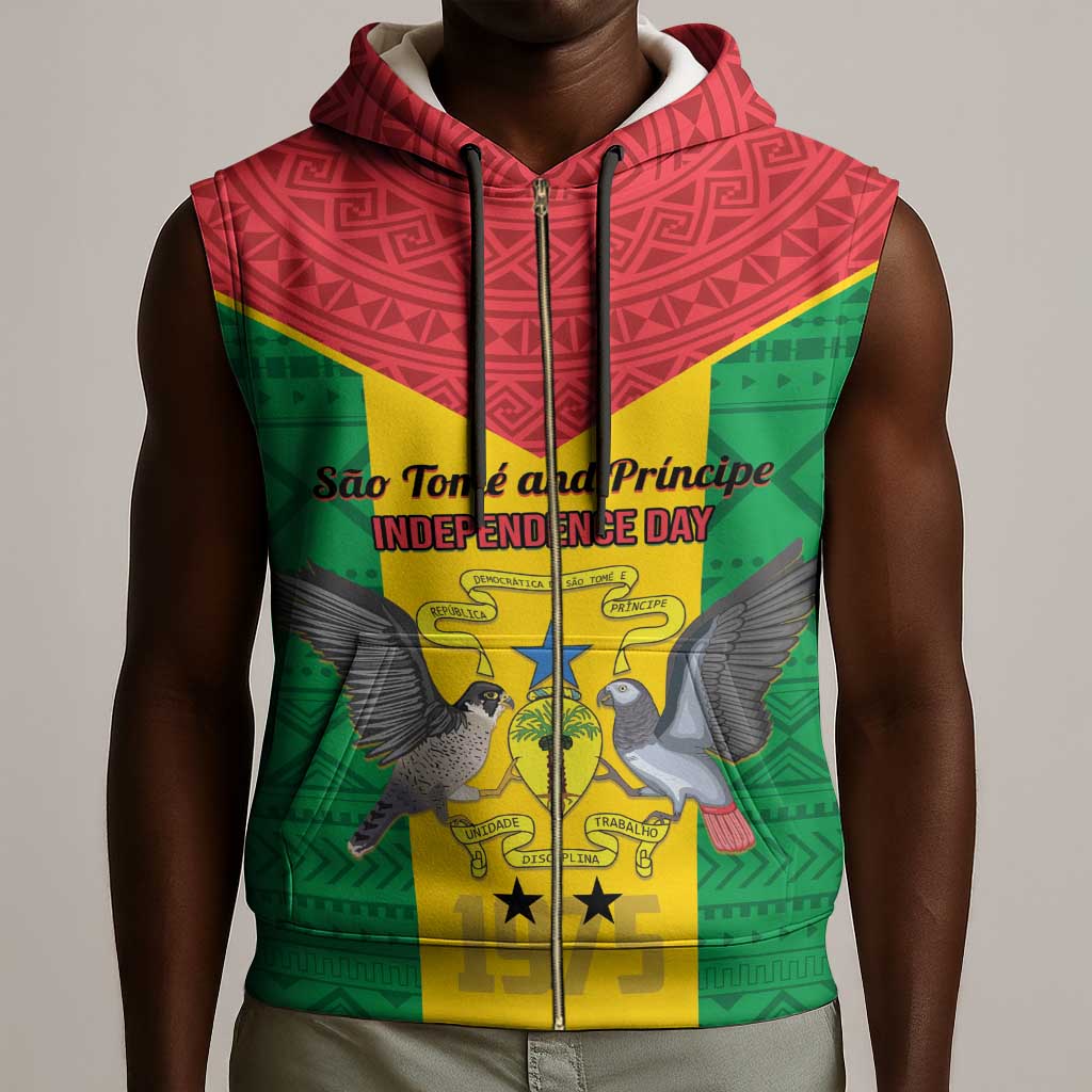 Sao Tome and Principe Independence Day Sleeveless Zip Hoodie Coat Of Arms Mix African Pattern - African Pride