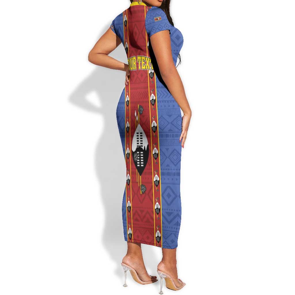 Eswatini African Pattern Short Sleeve Bodycon Dress Swaziland Shield Siyinqaba LT01