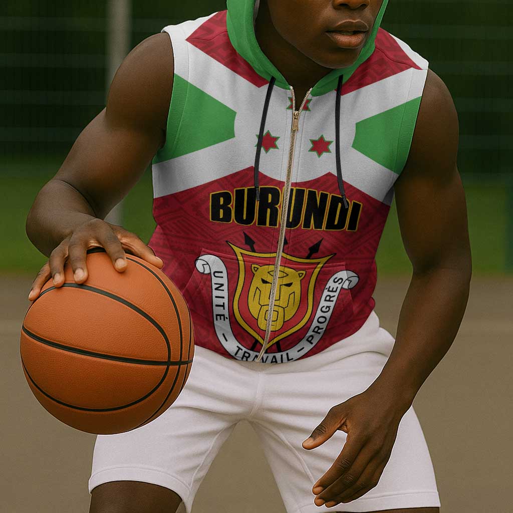 Personalized Burundi Sleeveless Zip Hoodie Coat Of Arms African Pattern - African Pride