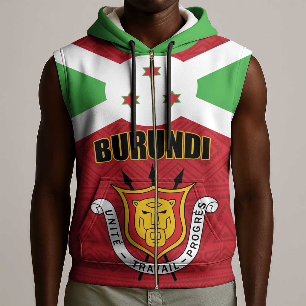 Personalized Burundi Sleeveless Zip Hoodie Coat Of Arms African Pattern - African Pride